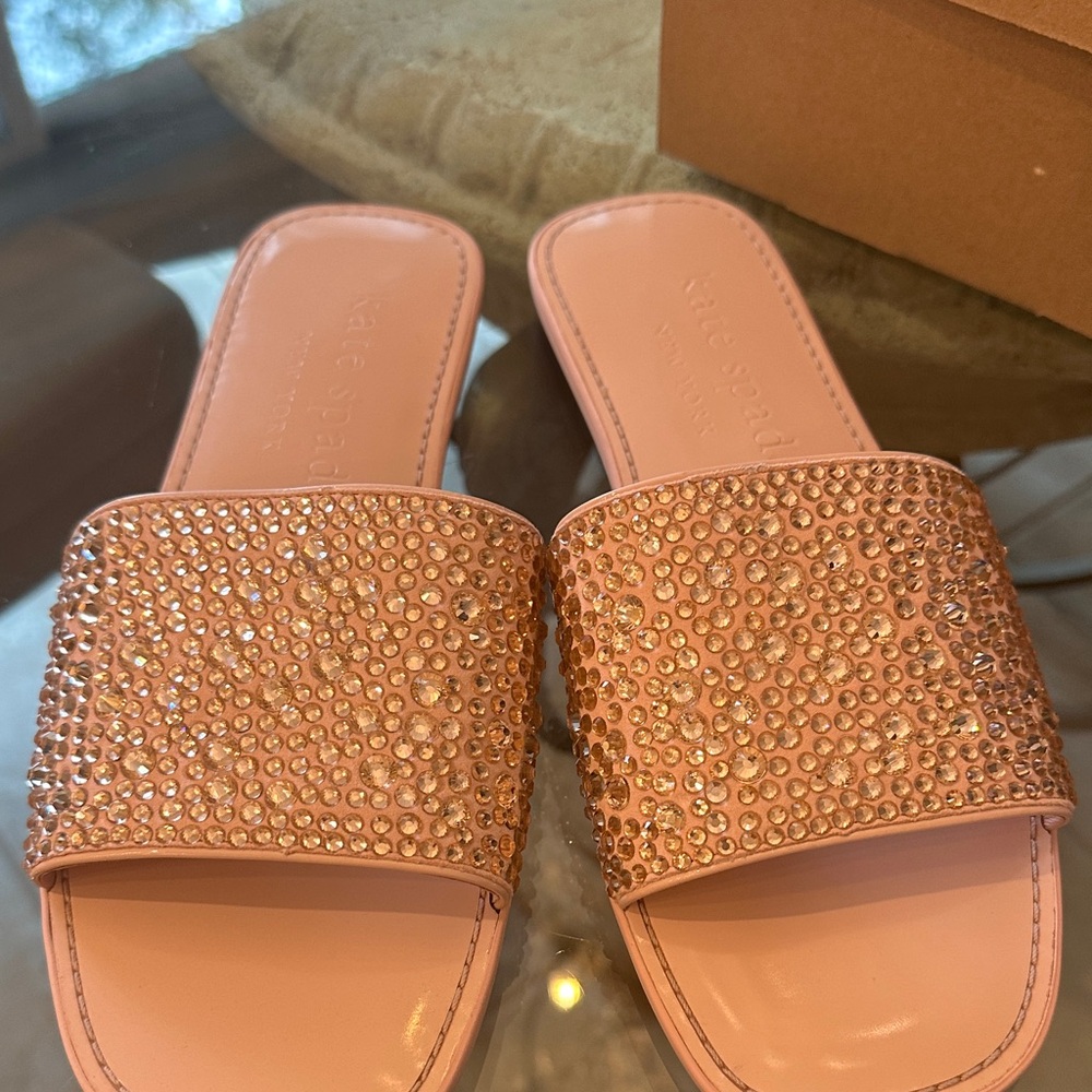 Brand New $120 Kate Spade Pink Rhinestone All That Glitters Slide Sandals sz 9.5 - Picture 15 of 16